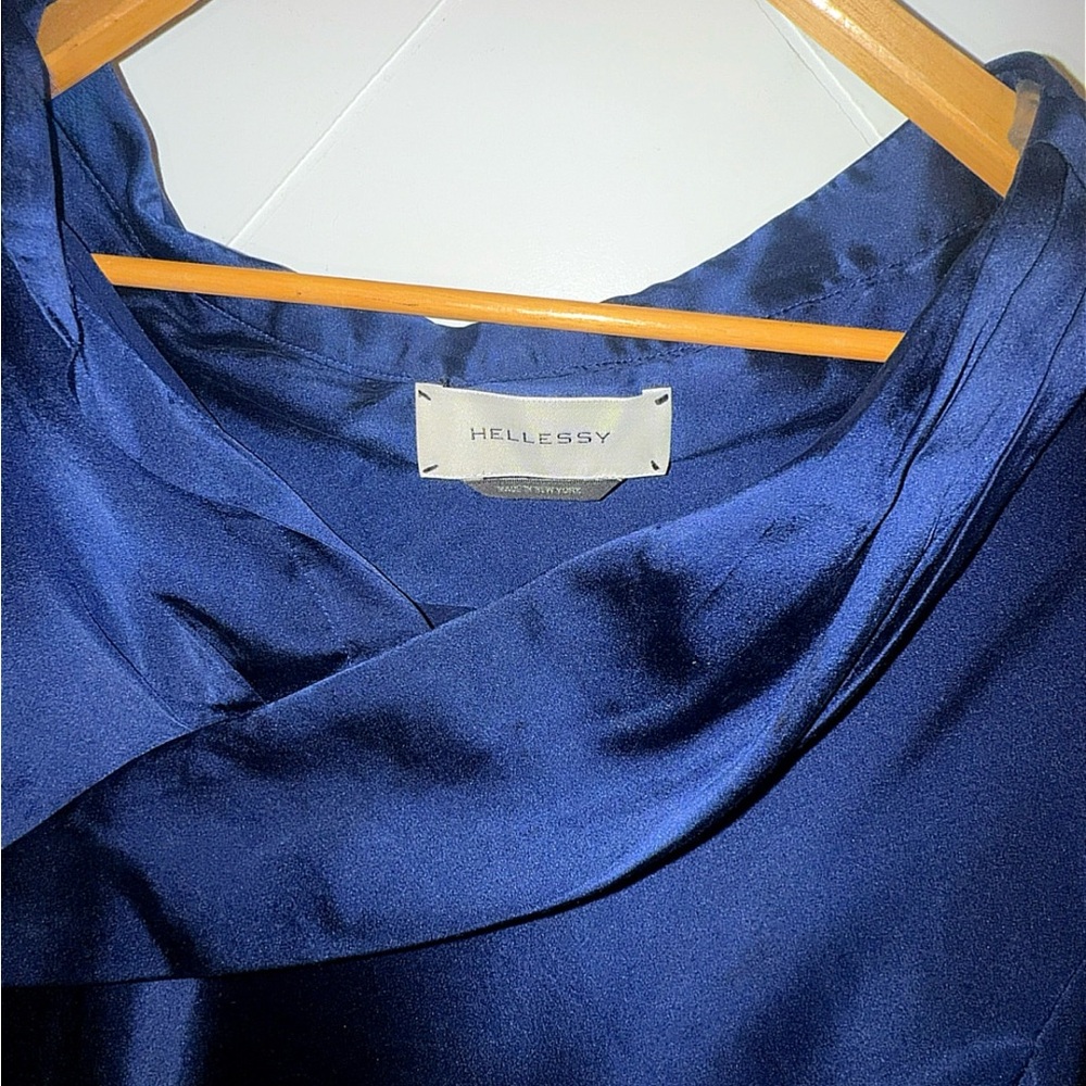HELLESSY size 6 Stella Asymmetrical 100% Silk Draped Blouse 4” cuffs Navy $890 - Picture 6 of 11